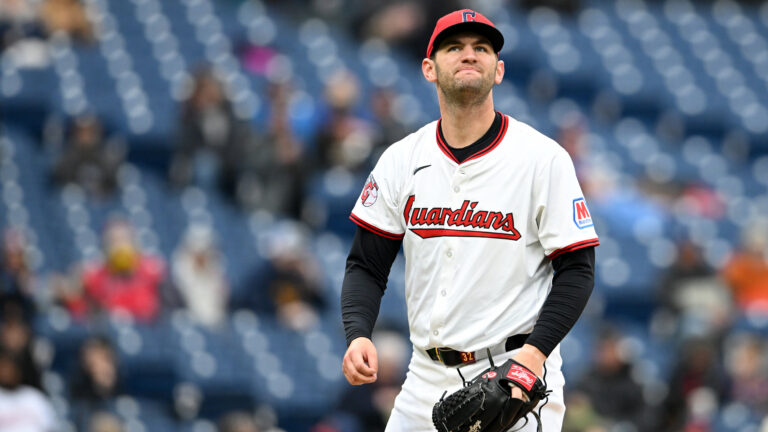 CLEVELAND, OHIO - APRIL 10: Gavin Williams #32 of the Cleveland Guardians looks on during the third inning against the Chicago White Sox at Progressive Field on April 10, 2025 in Cleveland, Ohio. (Photo by Nick Cammett/Diamond Images via Getty Images)
