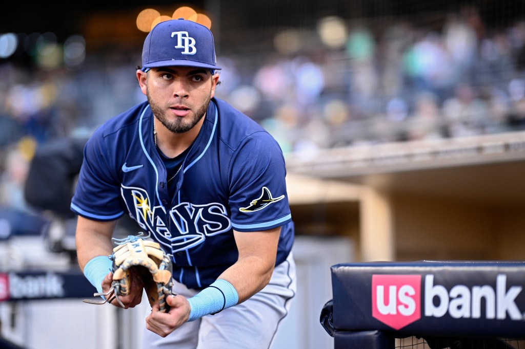 SAN DIEGO, CALIFORNIA - APRIL 25: Jonathan Aranda #62 of the Tampa Bay Rays runs onto the field before the game against the San Diego Padres at Petco Park on April 25, 2025 in San Diego, California. (Photo by Orlando Ramirez/Getty Images)