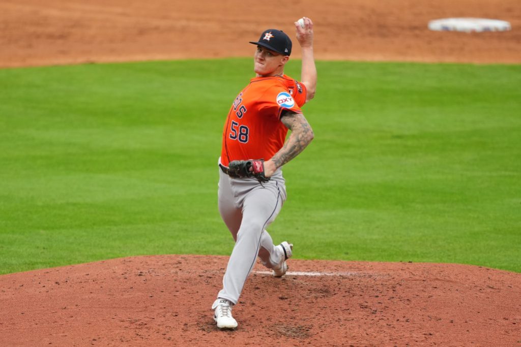 KANSAS CITY, MISSOURI - APRIL 27: Hunter Brown #58 of the Houston Astros pitches against the Kansas City Royals during the third inning at Kauffman Stadium on April 27, 2025 in Kansas City, Missouri. (Photo by Kyle Rivas/Getty Images)