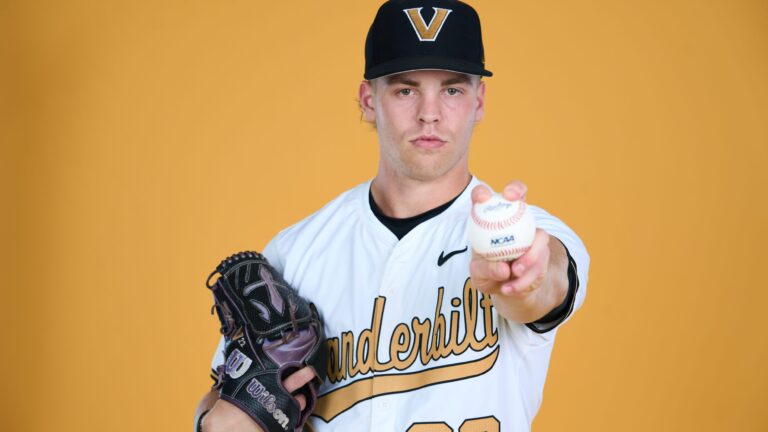 JD Thompson of Vanderbilt Commodores poses during Vanderbilt Baseball 2024-25 Media Day in McGugin Society Lounge.