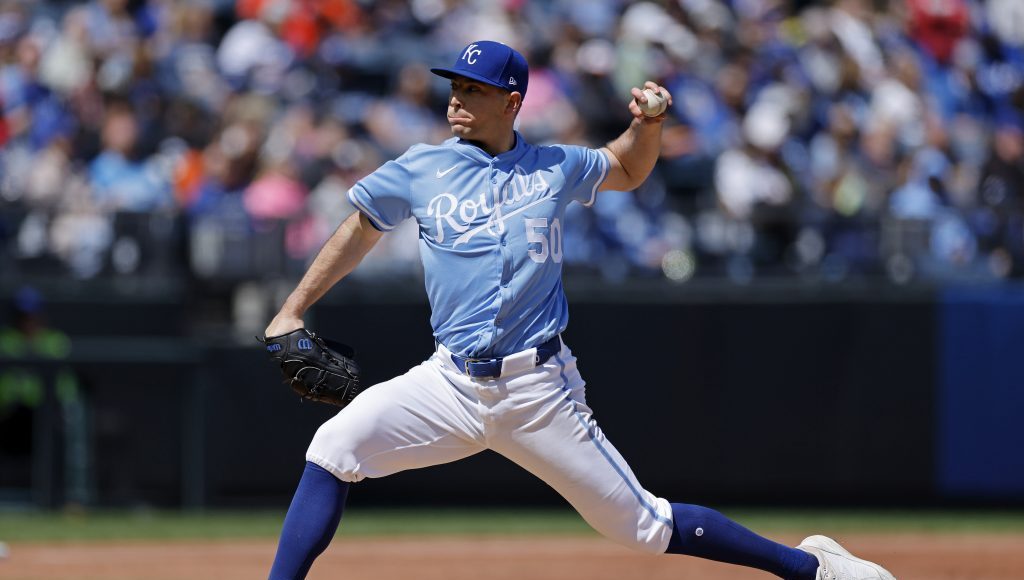 KANSAS CITY, MO - APRIL 06: Kansas City Royals pitcher Kris Bubic (50) delivers a pitch during an MLB game against the Baltimore Orioles on Sunday, April 06, 2025 at Kauffman Stadium in Kansas City, Missouri. (Photo by Joe Robbins/Icon Sportswire via Getty Images)