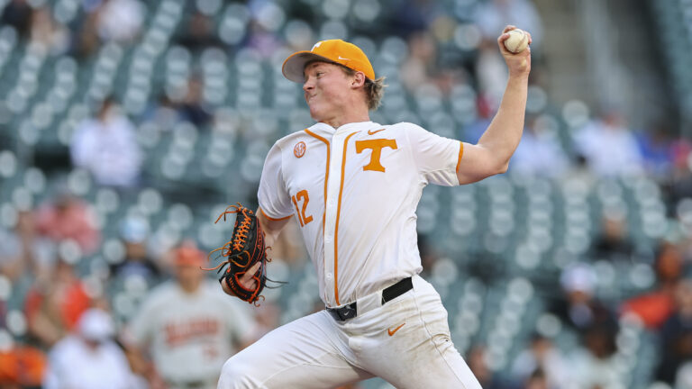 Liam Doyle of the Tennessee Volunteers throws a pitch in the fourth inning against the Oklahoma State Cowboys in the Astros Foundation College Classic at Daikin Park.