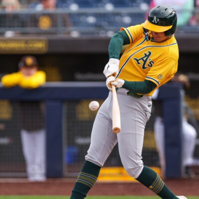 PEORIA, AZ - MARCH 14: Nick Kurtz #28 of the Athletics bats during the game between the Athletics and the San Diego Padres at Peoria Sports Complex on Friday, March 14, 2025 in Peoria, Arizona. (Photo by Marison Bilagody/MLB Photos via Getty Images)