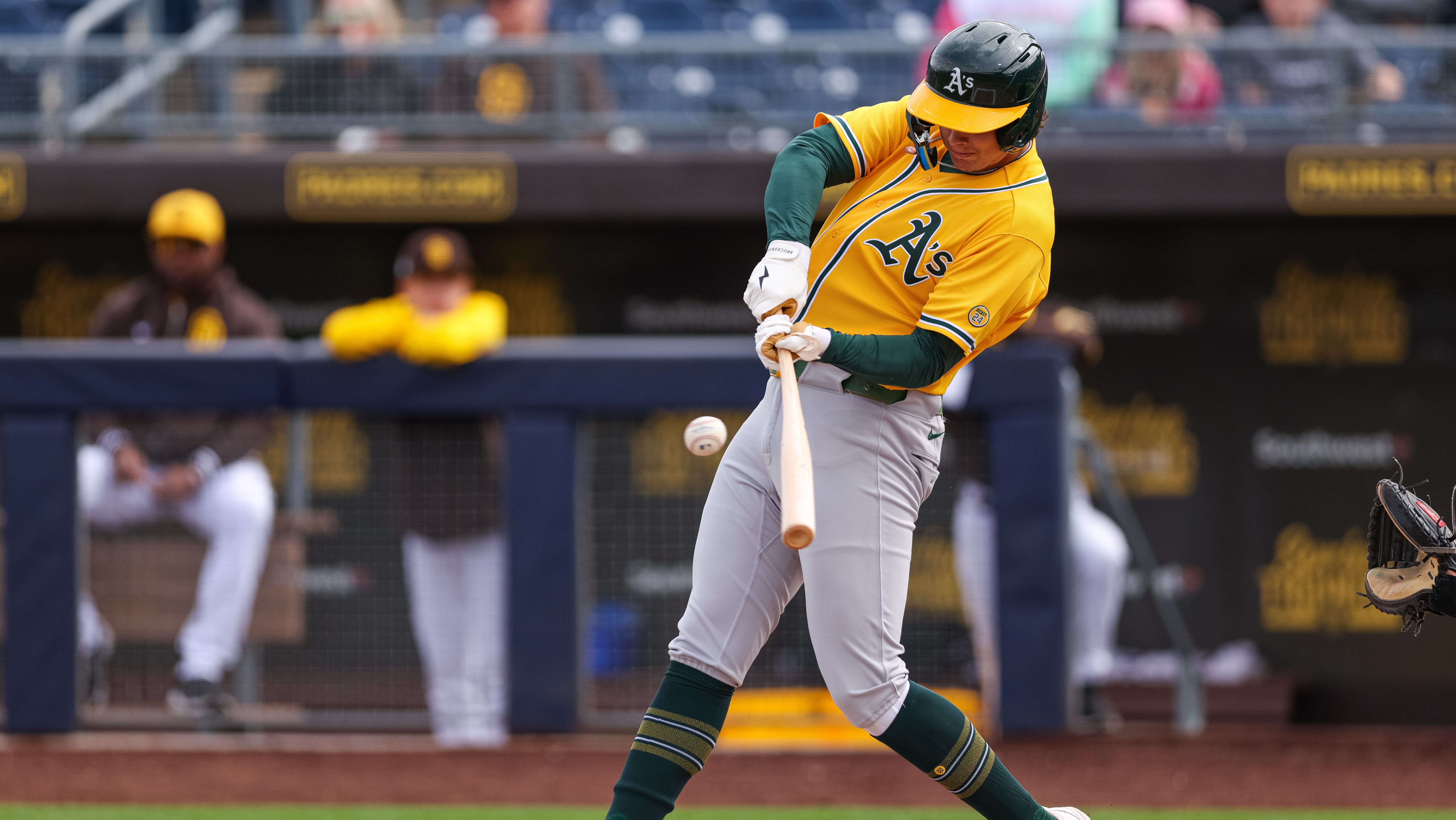 PEORIA, AZ - MARCH 14: Nick Kurtz #28 of the Athletics bats during the game between the Athletics and the San Diego Padres at Peoria Sports Complex on Friday, March 14, 2025 in Peoria, Arizona. (Photo by Marison Bilagody/MLB Photos via Getty Images)
