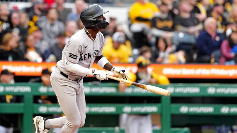 PITTSBURGH, PA - APRIL 04: New York Yankees second baseman Jazz Chisholm Jr. (13) uses a torpedo bat against the Pittsburgh Pirates on opening day on April 4, 2025, at PNC Park in Pittsburgh, Pennsylvania. (Photo by Brian Spurlock/Icon Sportswire via Getty Images)