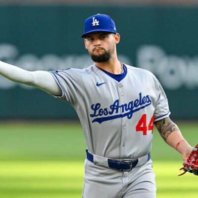 ATLANTA, GA MAY 04: Los Angeles center fielder Andy Pages (44) warms up prior to the start of the MLB game between the Los Angeles Dodgers and the Atlanta Braves on May 4th, 2025 at Truist Park in Atlanta, GA. (Photo by Rich von Biberstein/Icon Sportswire via Getty Images)