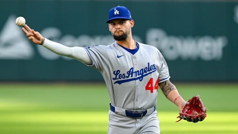 ATLANTA, GA MAY 04: Los Angeles center fielder Andy Pages (44) warms up prior to the start of the MLB game between the Los Angeles Dodgers and the Atlanta Braves on May 4th, 2025 at Truist Park in Atlanta, GA. (Photo by Rich von Biberstein/Icon Sportswire via Getty Images)