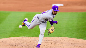 Anthony Eyanson of the LSU Tigers in action against the Auburn Tigers at Plainsman Park.