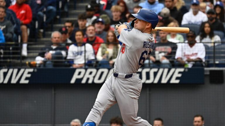 CLEVELAND, OH - MAY 27: Dalton Rushing #68 of the Los Angeles Dodgers hits a one-run single in the second inning during the game between the Los Angeles Dodgers and the Cleveland Guardians at Progressive Field on Tuesday, May 27, 2025 in Cleveland, Ohio. (Photo by Grace Hoppel/MLB Photos via Getty Images)