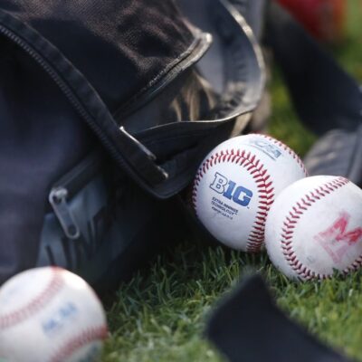 BLOOMINGTON, IN - APRIL 28: The B1G logo on a baseball that sits in the bullpen during a college baseball game between the Maryland Terrapins and the Indiana Hoosiers on April 28, 2023 at Bart Kaufman Field, in Bloomington, IN. (Photo by Jeffrey Brown/Icon Sportswire via Getty Images)
