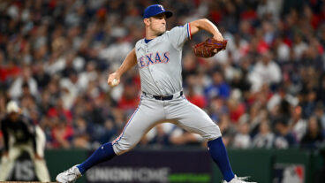 CLEVELAND, OHIO - AUGUST 23: David Robertson #37 of the Texas Rangers throws a pitch during the eighth inning against the Cleveland Guardians at Progressive Field on August 23, 2024 in Cleveland, Ohio. (Photo by Nick Cammett/Diamond Images via Getty Images)