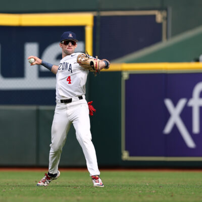 Brendan Summerhill of the Arizona Wildcats throws the warm up tosses in the first inning against the Tennessee Volunteers in the Astros Foundation College Classic at Daikin Park.