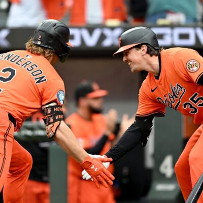 Gunnar Henderson of the Baltimore Orioles celebrates with Adley Rutschman after hitting a home run against the Cincinnati Reds at Oriole Park at Camden Yards.