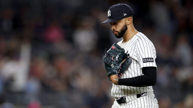 NEW YORK, NEW YORK - APRIL 25: Devin Williams #38 of the New York Yankees reacts after he is pulled from the game in the ninth inning against the Toronto Blue Jays at Yankee Stadium on April 25, 2025 in the Bronx borough of New York City. The Toronto Blue Jays defeated the New York Yankees 4-2. (Photo by Elsa/Getty Images)