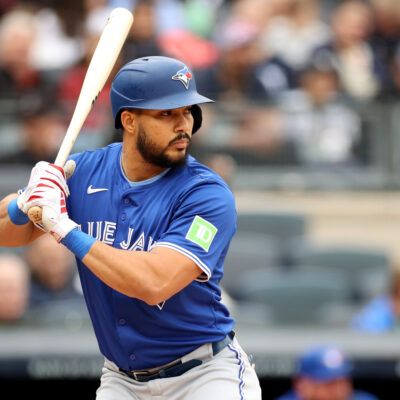NEW YORK, NEW YORK - APRIL 27: Anthony Santander #25 of the Toronto Blue Jays bats in the first inning against the New York Yankees during game one of a doubleheader at Yankee Stadium on April 27, 2025 in New York City. The New York Yankees defeated the Toronto Blue Jays 11-2. (Photo by Evan Bernstein/Getty Images)