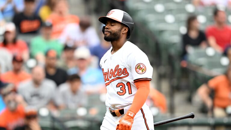 BALTIMORE, MARYLAND - MAY 04: Cedric Mullins #31 of the Baltimore Orioles reacts after striking out in the first inning against the Kansas City Royals at Oriole Park at Camden Yards on May 04, 2025 in Baltimore, Maryland. (Photo by Greg Fiume/Getty Images)