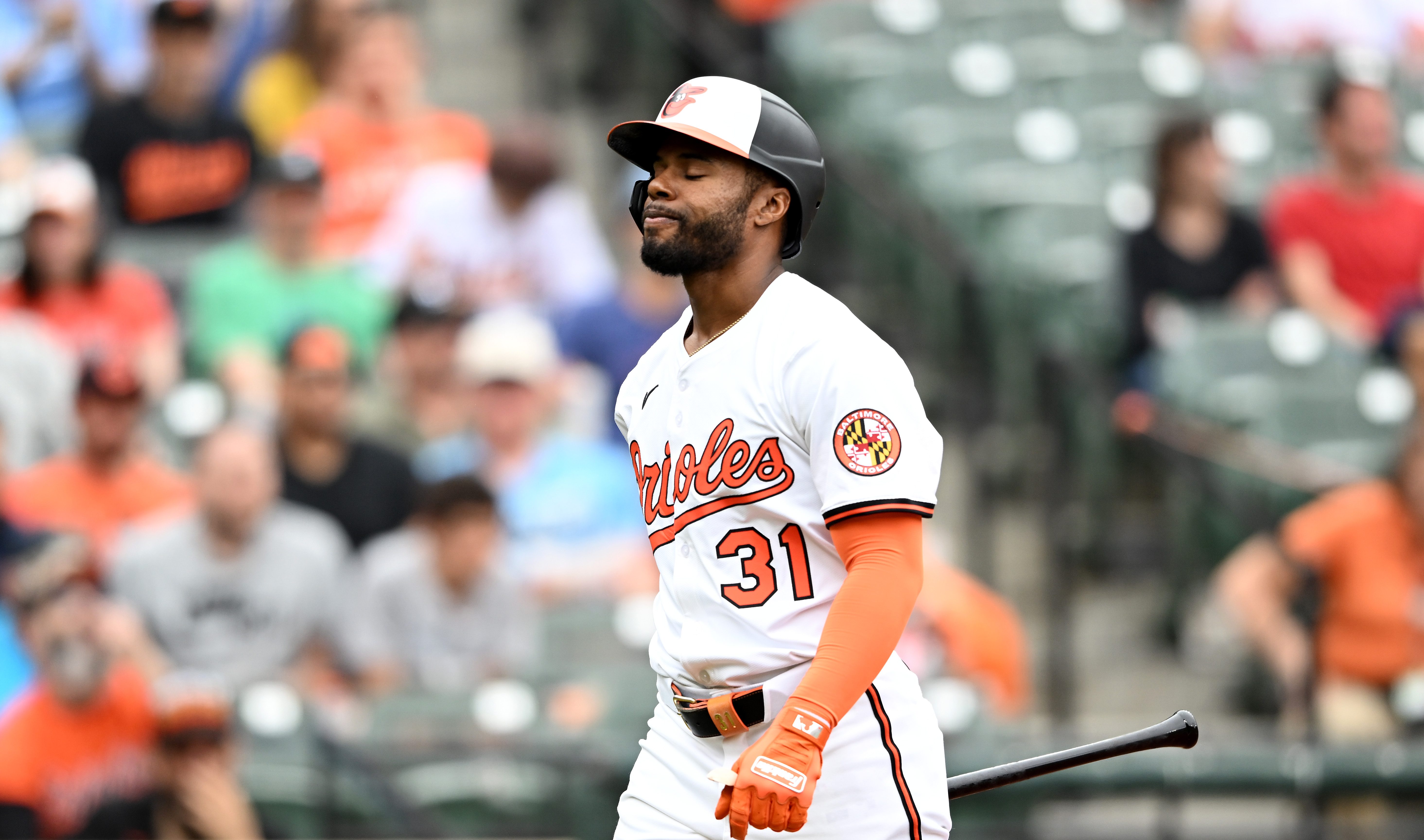 BALTIMORE, MARYLAND - MAY 04: Cedric Mullins #31 of the Baltimore Orioles reacts after striking out in the first inning against the Kansas City Royals at Oriole Park at Camden Yards on May 04, 2025 in Baltimore, Maryland. (Photo by Greg Fiume/Getty Images)