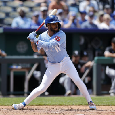 KANSAS CITY, MO - MAY 08: Kansas City Royals third baseman Maikel Garcia (11) bats during an MLB game against the Chicago White Sox on May 08, 2025 at Kauffman Stadium in Kansas City, Missouri. (Photo by Joe Robbins/Icon Sportswire via Getty Images)