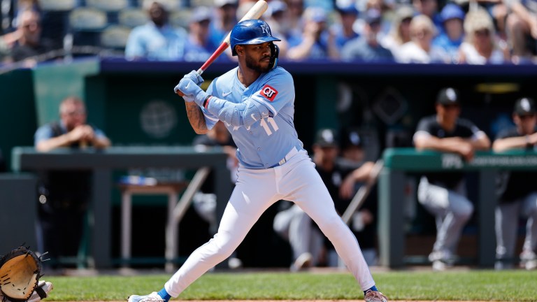 KANSAS CITY, MO - MAY 08: Kansas City Royals third baseman Maikel Garcia (11) bats during an MLB game against the Chicago White Sox on May 08, 2025 at Kauffman Stadium in Kansas City, Missouri. (Photo by Joe Robbins/Icon Sportswire via Getty Images)