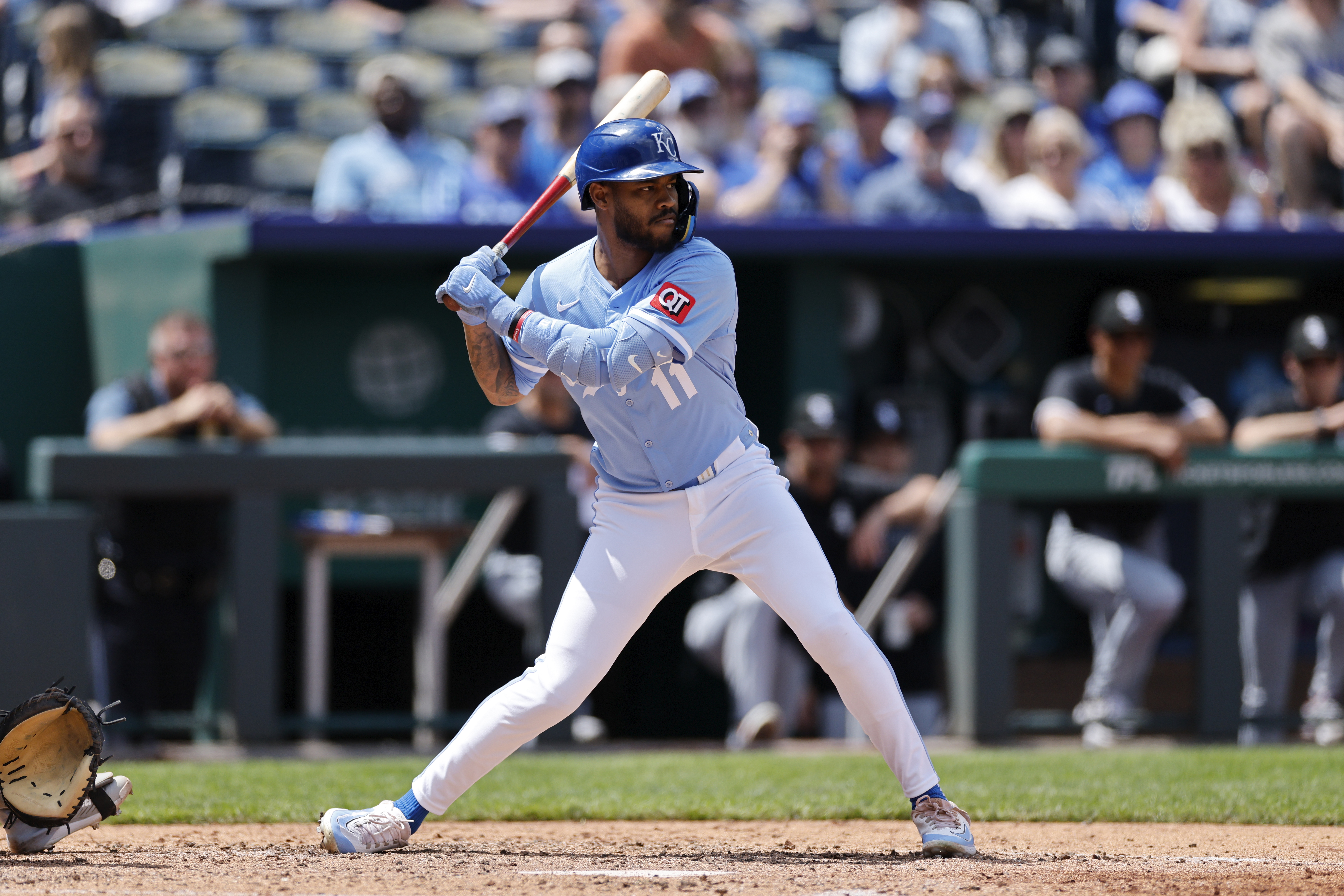 KANSAS CITY, MO - MAY 08: Kansas City Royals third baseman Maikel Garcia (11) bats during an MLB game against the Chicago White Sox on May 08, 2025 at Kauffman Stadium in Kansas City, Missouri. (Photo by Joe Robbins/Icon Sportswire via Getty Images)