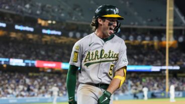 Los Angeles, CA, Tuesday, May 13, 2025 - Athletics shortstop Jacob Wilson (5) celebrates his second two-run homer off Los Angeles Dodgers pitcher Landon Knack (96) in the 5th inning at Dodger Stadium. (Robert Gauthier/Los Angeles Times via Getty Images)