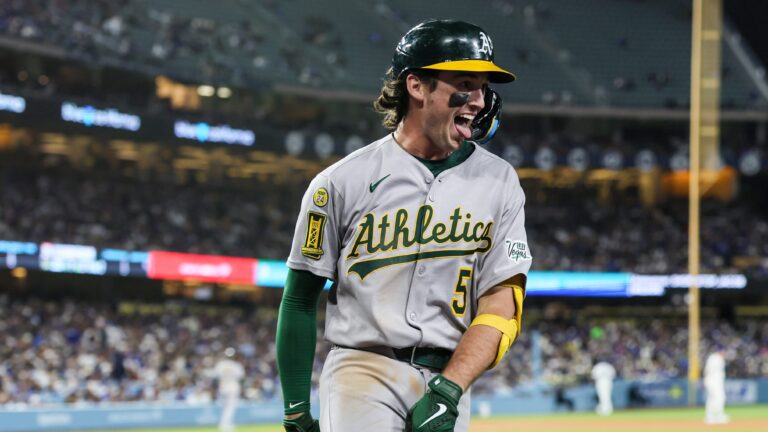 Los Angeles, CA, Tuesday, May 13, 2025 - Athletics shortstop Jacob Wilson (5) celebrates his second two-run homer off Los Angeles Dodgers pitcher Landon Knack (96) in the 5th inning at Dodger Stadium. (Robert Gauthier/Los Angeles Times via Getty Images)