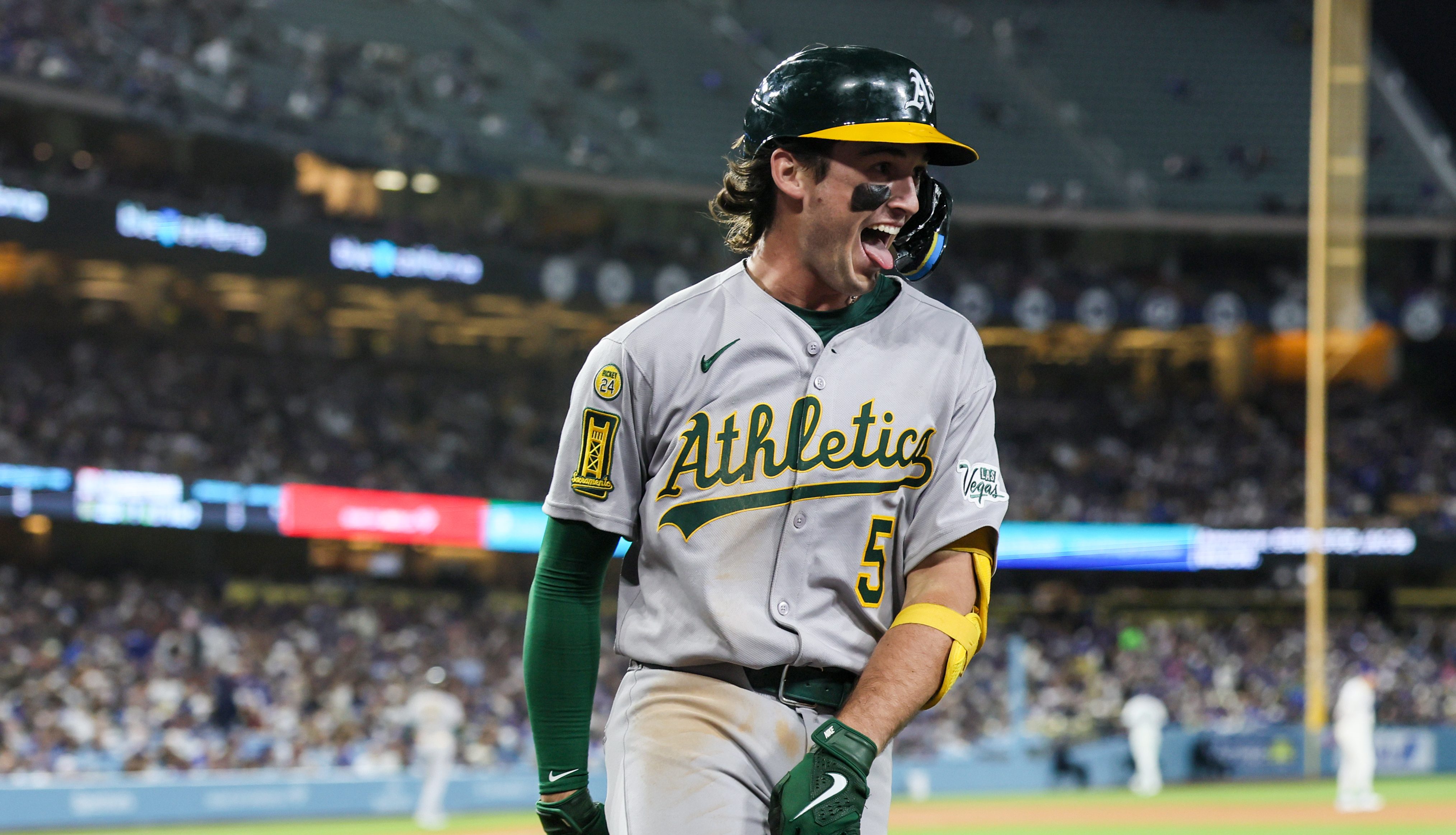 Los Angeles, CA, Tuesday, May 13, 2025 - Athletics shortstop Jacob Wilson (5) celebrates his second two-run homer off Los Angeles Dodgers pitcher Landon Knack (96) in the 5th inning at Dodger Stadium. (Robert Gauthier/Los Angeles Times via Getty Images)
