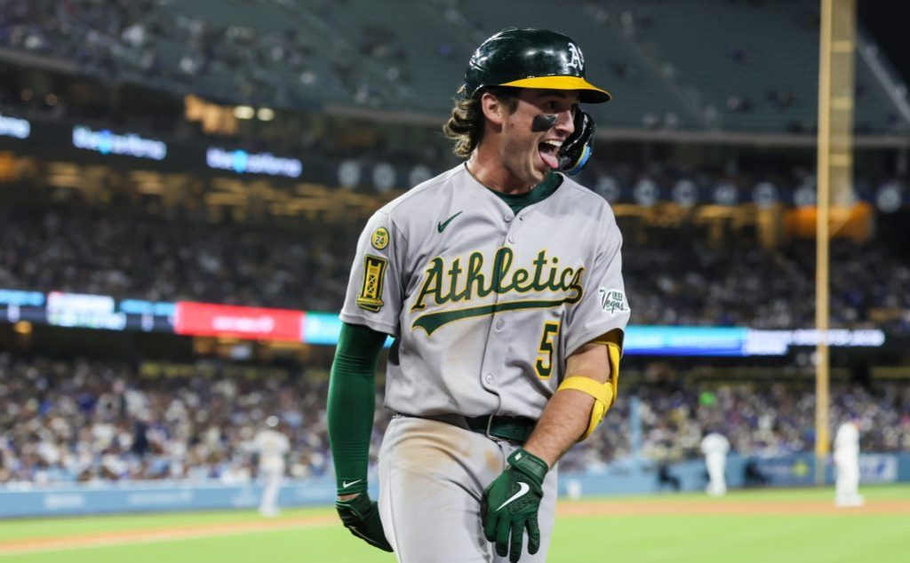Los Angeles, CA, Tuesday, May 13, 2025 - Athletics shortstop Jacob Wilson (5) celebrates his second two-run homer off Los Angeles Dodgers pitcher Landon Knack (96) in the 5th inning at Dodger Stadium. (Robert Gauthier/Los Angeles Times via Getty Images)