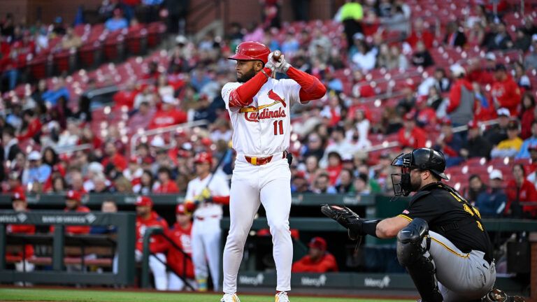 ST LOUIS, MISSOURI - MAY 5: Victor Scott II #11 of the St. Louis Cardinals at bat against the Pittsburgh Pirates at Busch Stadium on May 5, 2025 in St Louis, Missouri. (Photo by Joe Puetz/Getty Images)