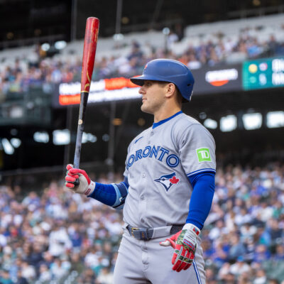 SEATTLE, WA - MAY 10: Daulton Varsho #5 of the Toronto Blue Jays warms up in the on deck circle before an at-bat during a game against the Toronto Blue Jays at T-Mobile Park on May 10, 2025 in Seattle, Washington. The Blue Jays own 6-3. (Photo by Stephen Brashear/Getty Images)