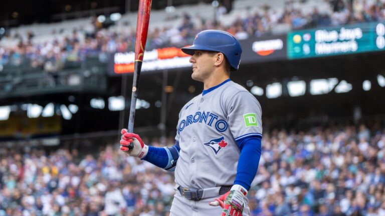 SEATTLE, WA - MAY 10: Daulton Varsho #5 of the Toronto Blue Jays warms up in the on deck circle before an at-bat during a game against the Toronto Blue Jays at T-Mobile Park on May 10, 2025 in Seattle, Washington. The Blue Jays own 6-3. (Photo by Stephen Brashear/Getty Images)