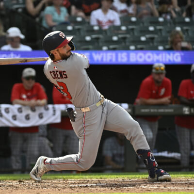 BALTIMORE, MARYLAND - MAY 17, 2025: Dylan Crews #3 of the Washington Nationals bats during the third inning of an interleague game against the Baltimore Orioles at Oriole Park on May 17, 2025 in Baltimore, Maryland. The Nationals beat the Orioles, 10-6. (Photo by Diamond Images via Getty Images)