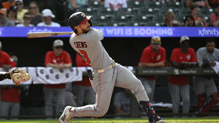 BALTIMORE, MARYLAND - MAY 17, 2025: Dylan Crews #3 of the Washington Nationals bats during the third inning of an interleague game against the Baltimore Orioles at Oriole Park on May 17, 2025 in Baltimore, Maryland. The Nationals beat the Orioles, 10-6. (Photo by Diamond Images via Getty Images)