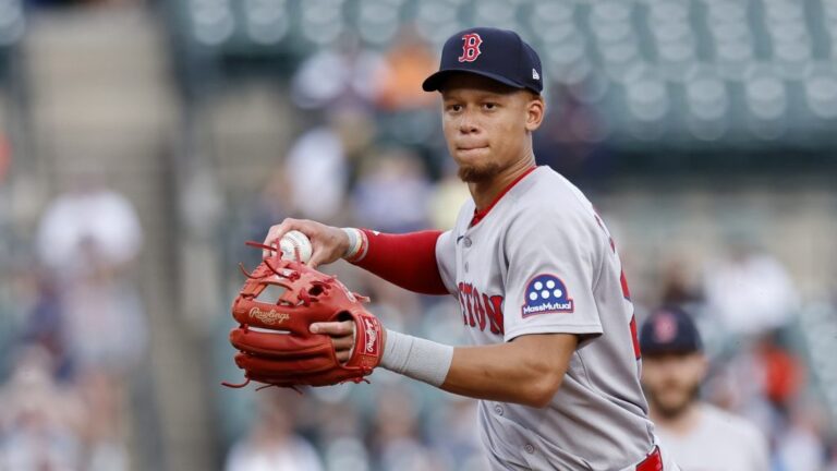 DETROIT, MI - MAY 12: Second baseman Kristian Campbell #28 of the Boston Red Sox throws out Colt Keith of the Detroit Tigers at first base during the first inning at Comerica Park on May 12, 2025 in Detroit, Michigan. (Photo by Duane Burleson/Getty Images)