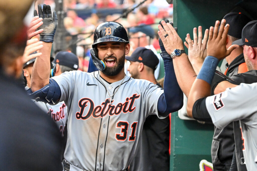 ST. LOUIS, MO - MAY 20: Riley Greene #31 of the Detroit Tigers celebrates with teammates in the dugout after hitting a home run during the game between the Detroit Tigers and the St. Louis Cardinals at Busch Stadium on Tuesday, May 20, 2025 in St. Louis, Missouri. (Photo by Ali Overstreet/MLB Photos via Getty Images)