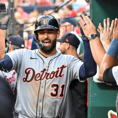 ST. LOUIS, MO - MAY 20: Riley Greene #31 of the Detroit Tigers celebrates with teammates in the dugout after hitting a home run during the game between the Detroit Tigers and the St. Louis Cardinals at Busch Stadium on Tuesday, May 20, 2025 in St. Louis, Missouri. (Photo by Ali Overstreet/MLB Photos via Getty Images)