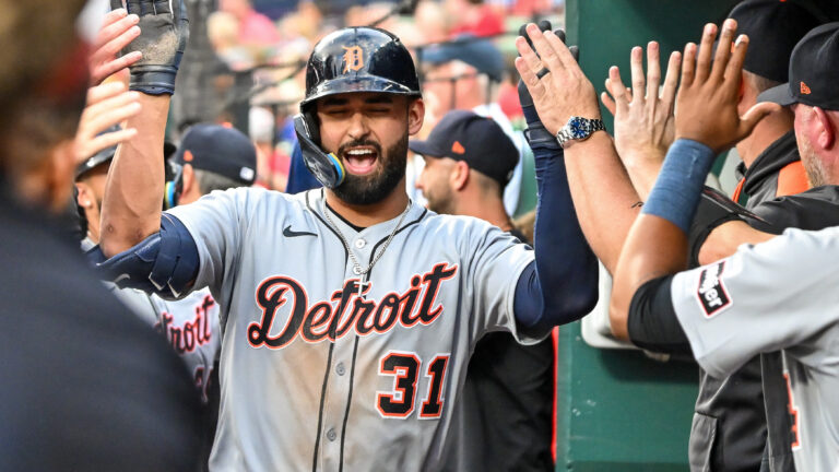 ST. LOUIS, MO - MAY 20: Riley Greene #31 of the Detroit Tigers celebrates with teammates in the dugout after hitting a home run during the game between the Detroit Tigers and the St. Louis Cardinals at Busch Stadium on Tuesday, May 20, 2025 in St. Louis, Missouri. (Photo by Ali Overstreet/MLB Photos via Getty Images)