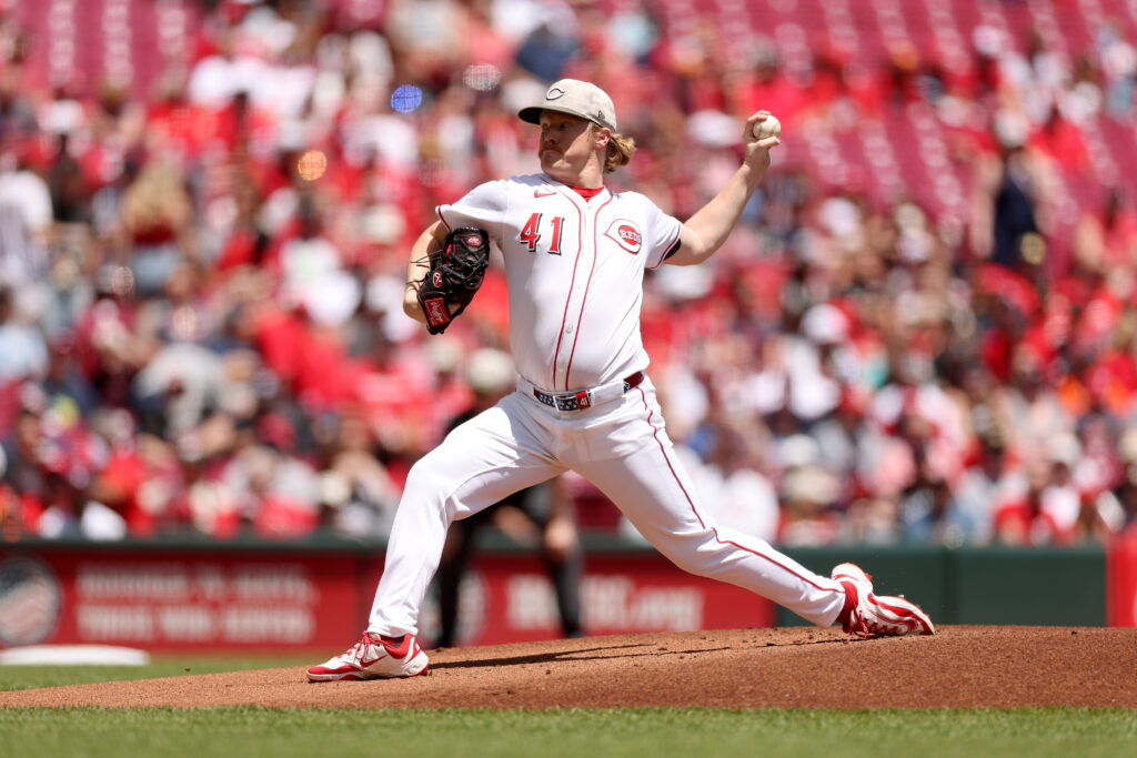 Andrew Abbott of the Cincinnati Reds throws a pitch against the Cleveland Guardians at Great American Ball Park.
