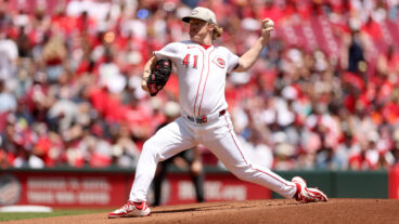 Andrew Abbott of the Cincinnati Reds throws a pitch against the Cleveland Guardians at Great American Ball Park.