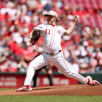 Andrew Abbott of the Cincinnati Reds throws a pitch against the Cleveland Guardians at Great American Ball Park.