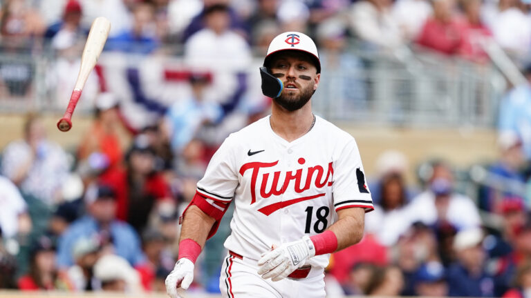 MINNEAPOLIS, MN - MAY 24: Kody Clemens #18 of the Minnesota Twins tosses his bat back to the dugout after hitting a home run during the game between the Kansas City Royals and the Minnesota Twins at Target Field on Saturday, May 24, 2025 in Minneapolis, Minnesota. (Photo by Graham Miller/MLB Photos via Getty Images)