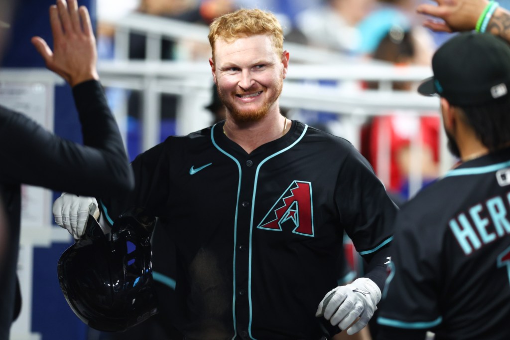Pavin Smith #26 of the Arizona Diamondbacks celebrates after hitting a home run against the Miami Marlins in the sixth inning of the game at loanDepot park on April 16, 2025 in Miami, Florida. (Photo by Megan Briggs/Getty Images)