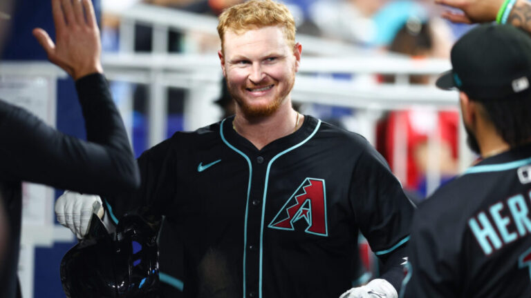 Pavin Smith #26 of the Arizona Diamondbacks celebrates after hitting a home run against the Miami Marlins in the sixth inning of the game at loanDepot park on April 16, 2025 in Miami, Florida. (Photo by Megan Briggs/Getty Images)