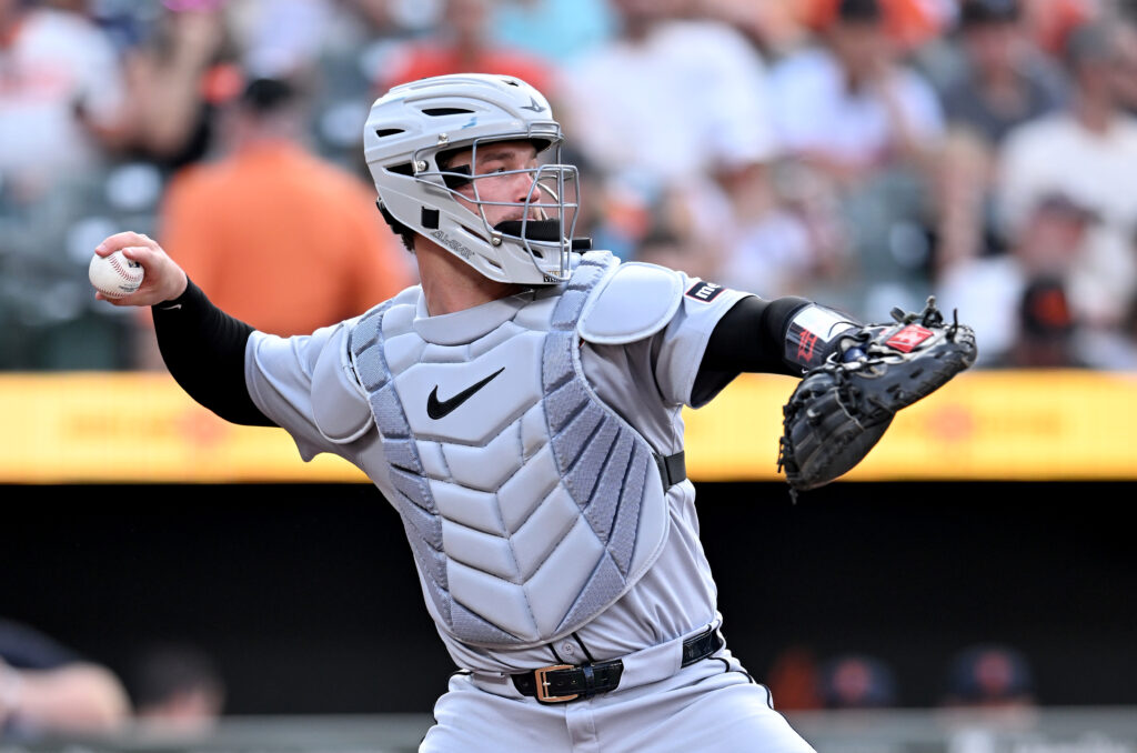 BALTIMORE, MARYLAND - JUNE 12: Dillon Dingler #13 of the Detroit Tigers throws the ball to second base against the Baltimore Orioles at Oriole Park at Camden Yards on June 12, 2025 in Baltimore, Maryland. (Photo by G Fiume/Getty Images)