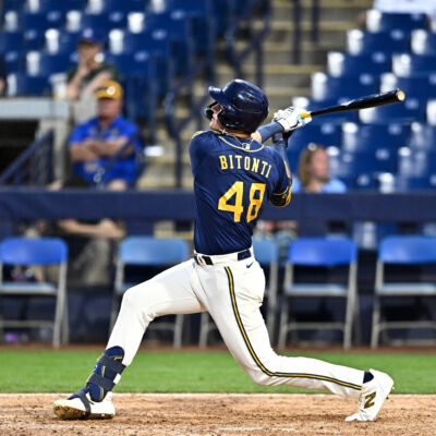 Eric Bitonti #48 of the Milwaukee Brewers bats during the fifth inning of a spring training Spring Breakout game against the Cincinnati Reds at American Family Fields of Phoenix.