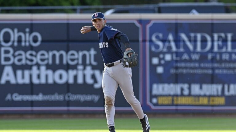 AKRON, OHIO - MAY 10, 2025: George Lombard Jr. #2 of the Somerset Patriots warms up during the third inning against the Akron RubberDucks at Canal Park on May 10, 2025 in Akron, Ohio. (Photo by George Kubas/Diamond Images via Getty Images)