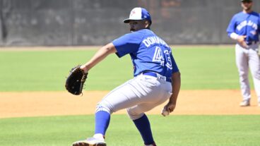 TAMPA, FLORIDA - MARCH 19, 2024: Michael Dominguez #43 of the Toronto Blue Jays throws a pitch during a minor league Spring Training game against the New York Yankees at the Himes Complex on March 19, 2024 in Tampa, Florida. Photo by Diamond Images via Getty Images)