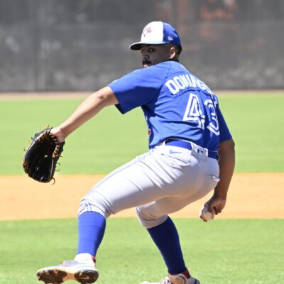 TAMPA, FLORIDA - MARCH 19, 2024: Michael Dominguez #43 of the Toronto Blue Jays throws a pitch during a minor league Spring Training game against the New York Yankees at the Himes Complex on March 19, 2024 in Tampa, Florida. Photo by Diamond Images via Getty Images)