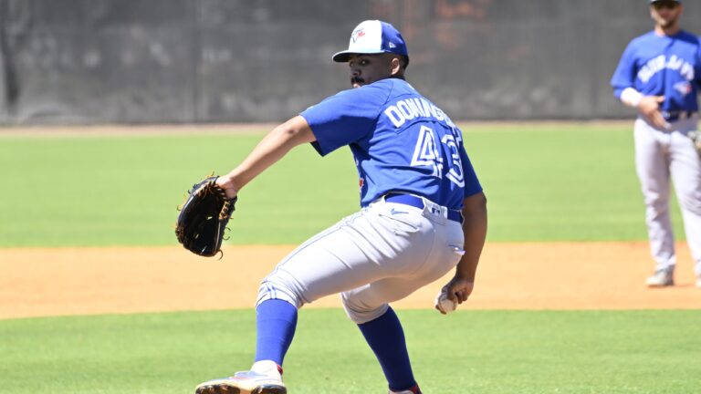 TAMPA, FLORIDA - MARCH 19, 2024: Michael Dominguez #43 of the Toronto Blue Jays throws a pitch during a minor league Spring Training game against the New York Yankees at the Himes Complex on March 19, 2024 in Tampa, Florida. Photo by Diamond Images via Getty Images)