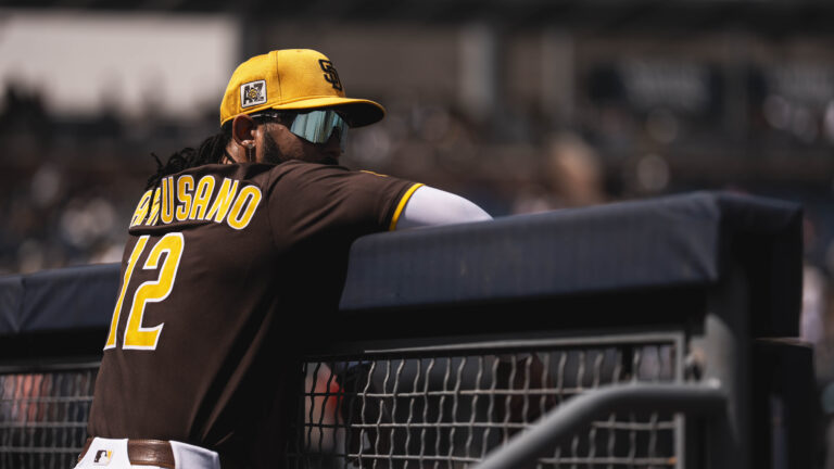 PEORIA, ARIZONA - MARCH 16: Luis Campusano #12 of the San Diego Padres stands in the dugout during a spring training game against the Arizona Diamondbacks at Peoria Stadium on March 16, 2025 in Peoria, Arizona. (Photo by Matt Thomas/San Diego Padres/Getty Images)
